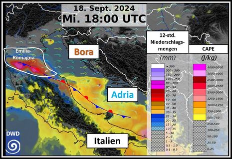 Übersicht von CAPE (gelb/orange), dem 12-std. Niederschlag bis 18UTC und dem Wind in 950 hPa. (Quelle Deutscher Wetterdienst)