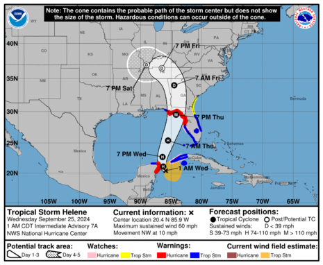 Abb 3: Diese Grafik zeigt die Zugbahn mit Unsicherheitsbereich sowie die Ankunftszeit und Intensität von HELENE. (Quelle NATIONAL HURRICANE CENTER)