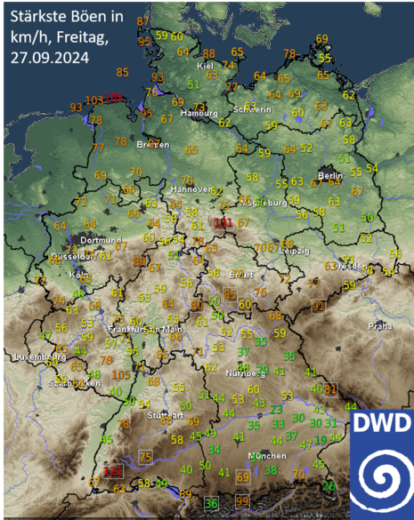 Spitzenböen vom 27.09.2024 (Quelle DWD - Deutscher Wetterdienst)