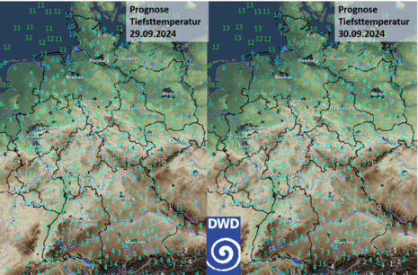 Prognostizierte Tiefstwerte Nacht vom 28.09.2024 auf den 29.09.2024 (Quelle DWD - Deutscher Wetterdienst)