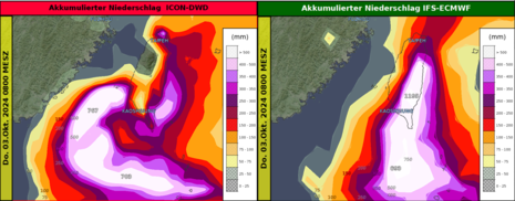 Die Grafik zeigt die prognostizierten akkumulierten Niederschlagsmengen für Taiwan bis Donnerstag, den 03.10.2024 um 08 MESZ. (Quelle Deutscher Wetterdienst)