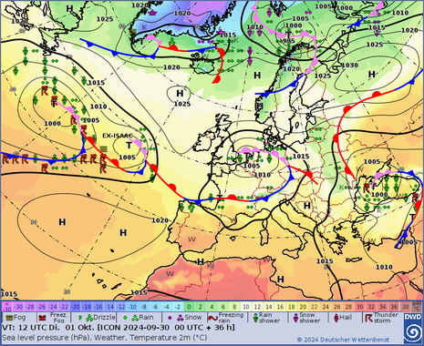Bodenvorhersagekarte für Dienstag, 01.10.2024, 12 UTC auf Basis des Modelllaufes vom 30.09.2024, 00 UTC (Quelle DWD)