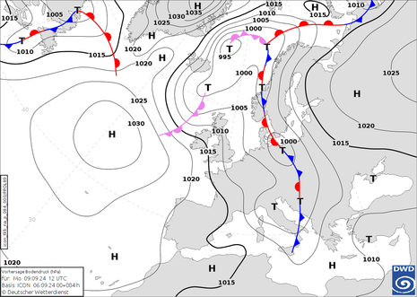 Diese Grafik zeigt die Analysekarte für Montag, den 09.09.2024 um 12 UTC. Erkennbar ist eine Tiefdruckzone vom Nordmeer über Mitteleuropa bis nach Italien reichend. (Quelle DWD - Deutscher Wetterdienst)