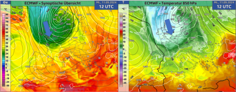 Diese Grafik zeigt die Großwetterlage am Mittwoch, den 11.09.2024 um 12 UTC. Dabei ist ein kräftiger Höhenrücken über Mitteleuropa erkennbar. Auf der Rückseite strömt Polarluft nach Süden. (Quelle DWD - Deutscher Wetterdienst)