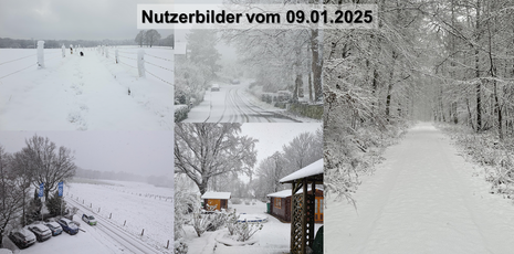 Zusammenstellung verschiedener Bilder von Donnerstag, die eingeschneite Landschaften zeigen. (Quelle DWD-WarnWetter-App)