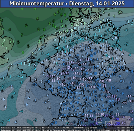 Vorhergesagte Tiefsttemperaturen für Dienstag, 14.01.2025, 7 MEZ (Quelle DWD)