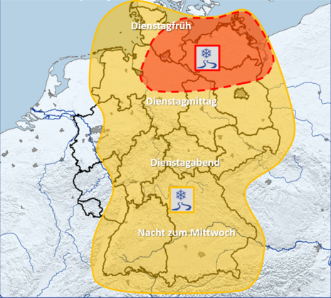 Glatteisrisiko für Dienstag, 14.01.2025, und die Nacht zum Mittwoch, 15.01.2025 (Quelle DWD)