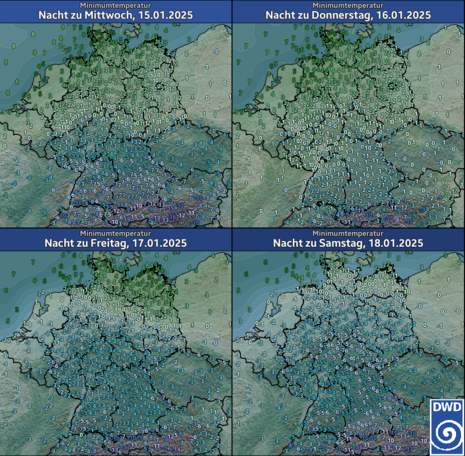 Vorhersage der nächtlichen Tiefsttemperaturen in Deutschland in den Nächten zum Mittwoch (15.01.), Donnerstag (16.01.), Freitag (17.01.) und Samstag (18.01.2025) (Quelle Deutscher Wetterdienst)