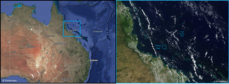 Die Abbildung zeigt zwei Satellitenbilder von Teilen Australiens. Links ist Queensland mit vorgelagertem Great Barrier Reef zu sehen, rechts das Great Barrier Reef mit einer Markierung des Davies Reefs. (Quelle Google Maps und NASA Worldview)