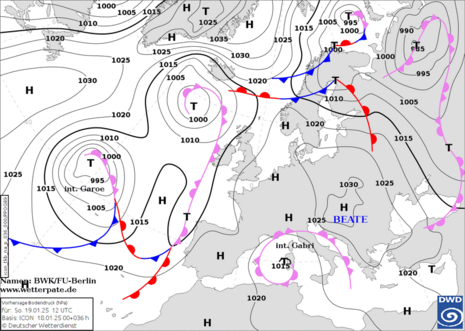 Fronten- und Bodendruckvorhersage für Sonntag, 19.01.2025, 12 UTC (Quelle DWD)