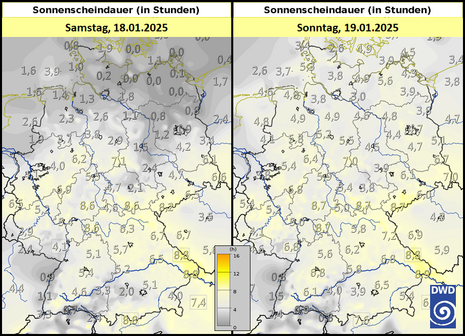 Prognose der Sonnenscheindauer für den heutige Samstag und den morgigen Sonntag (Quelle DWD)