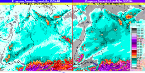 Diese Grafik zeigt die prognostizierten Schneehöhen bis Freitagfrüh. Vor allem in den etwa höheren Lagen in Süddeutschland kommen nennenswerte Mengen zusammen. (Quelle DWD)