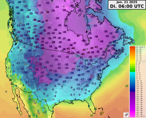 Kältewelle in Nordamerika. Die Karte zeigt die Tiefsttemperaturen in der Nacht zum 21.01. mit Tiefstwerten bis zu -44 °C in Ontario (Kanada). (Quelle Deutscher Wetterdienst)