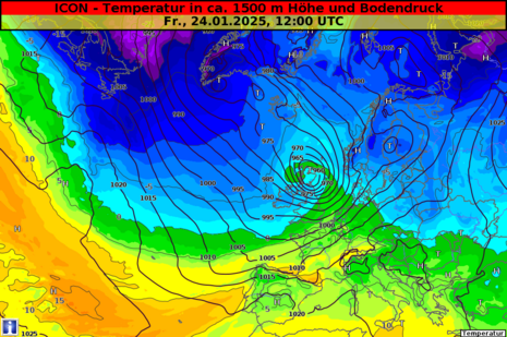 Bodendruck und Temperatur auf dem 850-hPa-Niveau (ca. 1400 m). (Quelle Deutscher Wetterdienst)