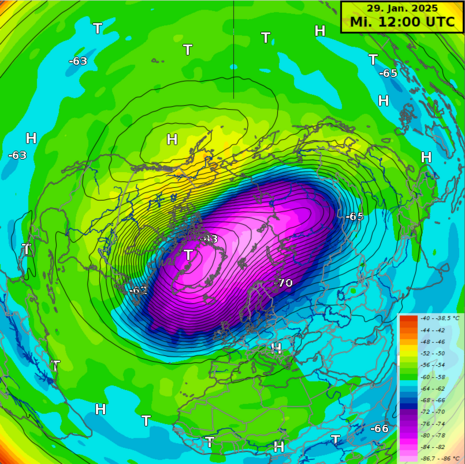 Die Höhenwetterkarte zeigt die Druckverhältnisse (Geopotential) und die Temperatur auf dem 30 hPa-Niveau (ca. 23.000 m). Die Karte zeigt einen kompakten etwas langgestreckten Polarwirbel über den Polarregionen. (Quelle Deutscher Wetterdienst)