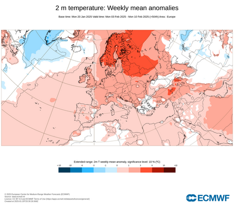 Die Vorhersagekarte der 2m-Temperaturanaomalie des IFS-Ensembles zeigt im Mittel etwas zu warme Temperaturen für die erste Februarwoche für weite Teile Europas. (Quelle ECMWF (European Centre for Medium-Range Weather Forecasts) - Europäisches Zentrum für 