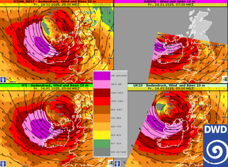 6-stündige Böen verschiedener Modelle für Irland am 24.01.2025 07 MEZ.