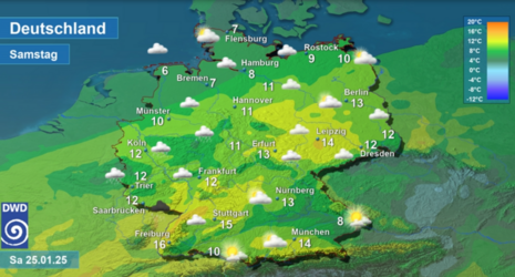 Wettervorhersage sowie Vorhersage der Tageshöchsttemperaturen in Deutschland am Samstag, den 25.01.2025 (Quelle Deutscher Wetterdienst)