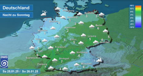 Wettervorhersage sowie Vorhersage der nächtlichen Tiefsttemperaturen in Deutschland in der Nacht zum Sonntag, den 26.01.2025 (Quelle Deutscher Wetterdienst)