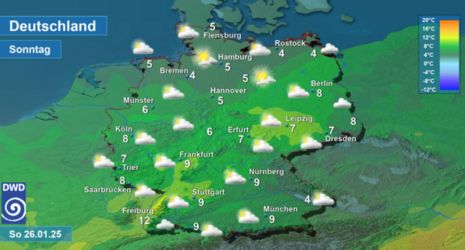 Wettervorhersage sowie Vorhersage der Tageshöchsttemperaturen in Deutschland am Sonntag, den 26.01.2025 (Quelle Deutscher Wetterdienst)