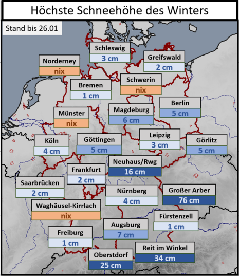 Die Grafik zeigt die im meteorologischen Winter 2024/25 (Dezember bis Februar) bisher gemessene höchste Schneedecke an ausgewählten Wetterstationen.