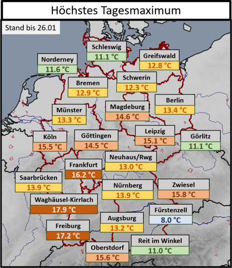 Die Grafik zeigt die im meteorologischen Winter 2024/25 (Dezember bis Februar) bisher gemessene höchste Maximumtemperatur an ausgewählten Wetterstationen.