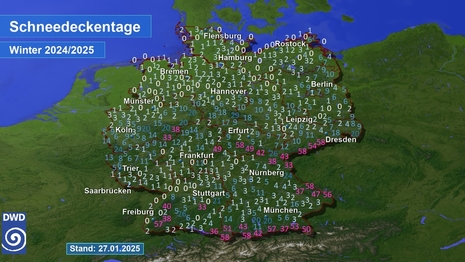 Schneedeckentage in Deutschland im Winter 2024/2025 (Quelle Deutscher Wetterdienst)