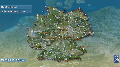 Deutschlandkarte mit den Schneehöhenmessungen von Mittwoch, dem 29.01.2025, 7 Uhr (Quelle DWD)