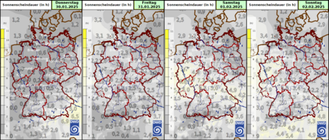 Deutschlandkarte mit der Prognose der Sonnenscheindauer für Donnerstag, 30.01.2025 bis Sonntag, 02.02.2025 (von links nach rechts) (Quelle DWD)