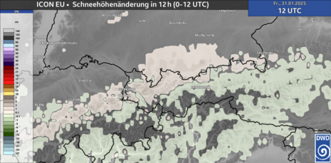 Schneehöhenänderung über 12 Stunden von Freitag (31.01.2025) zwischen 0 und 12 UTC in den Nord- und Zentralalpen. Leicht bräunliche Farben markieren (Quelle DWD)