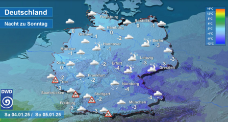 Wettervorhersage sowie Vorhersage der nächtlichen Tiefsttemperaturen in Deutschland in der Nacht von Samstag, den 04.01. auf Sonntag, den 05.01.2025 (Quelle Deutscher Wetterdienst)