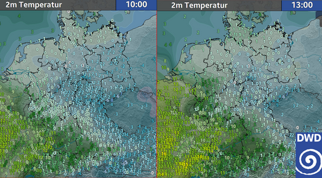 Entlang der Warmfront deutliche Temperaturunterschiede auf kleinem Raum. Innerhalb von drei Stunden Verlagerung der milden Luft nach Nordosten. (Quelle Deutscher Wetterdienst)