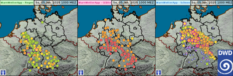 Schneemeldungen von der Ems zum Bayrischen Wald. Glättemeldungen dort und angrenzend weiter südwestlich. In der Südwesthälfte Deutschlands Regenmeldungen. (Quelle Deutscher Wetterdienst)