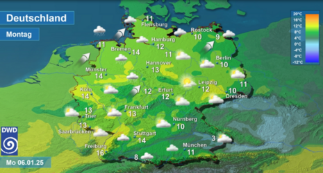 Wettervorhersage sowie Vorhersage der Tageshöchsttemperaturen in Deutschland am Montag, den 06.01.2025