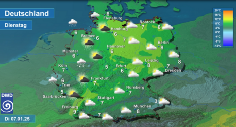 Wettervorhersage sowie Vorhersage der Tageshöchsttemperaturen in Deutschland am Dienstag, den 07.01.2025