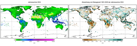 Jahres-Niederschlagssumme 2024 und Abweichungen vom Referenzzeitraum (Quelle DWD)