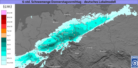 6-stündige Schneemenge, Donnerstag 09.01.2025, 06-12 UTC. türkis: 1-5 cm, hellorange: 5-7 cm, deutsches Lokalmodell (Quelle DWD)