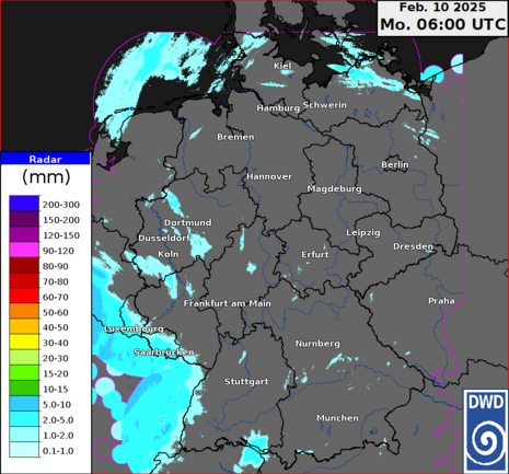 Aus Radardaten abgeleitete Niederschlagsmengen in Liter pro Quadratmeter seit dem 01. Februar (Quelle Deutscher Wetterdienst)