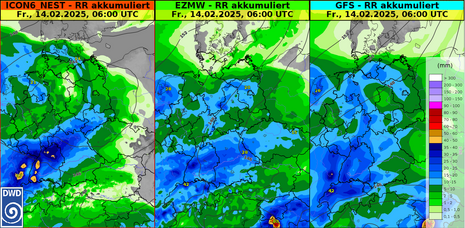 Von drei verschiedenen Modellen vorhergesagte akkumulierte Niederschlagsmengen bis Freitagfrüh (Quelle Deutscher Wetterdienst)