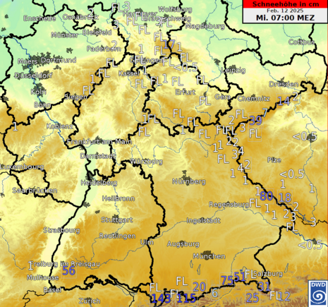 Gesamtschneehöhe in cm am Mittwoch, den 12.02.2025 (Quelle Deutscher Wetterdienst)