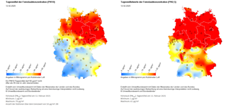 Tagesmittelwerte der Luftqualität in Deutschland am Mittwoch, den 12.02.2025, links PM10, rechts PM2.5 (Quelle UBA - Umweltbundesamt)