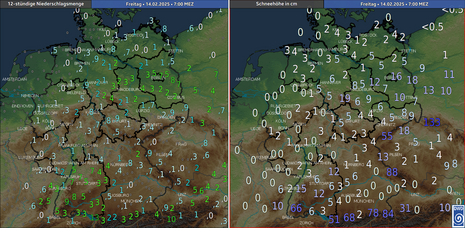 12-stündige Niederschlagsmenge in Liter pro Quadratmeter zwischen Donnerstagabend und Freitagmorgen und Schneehöhe in Zentimeter am Freitagmorgen (Quelle DWD)