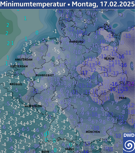 Deutschlandkarte der gemessenen Minimumtemperaturen (Quelle DWD )