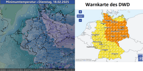 Karte der prognostizierten Minima in der Nacht zum 18.02.2025 und Warnkarte (Quelle DWD )