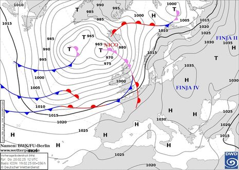 Prognosekarte Bodendruck und voraussichtliche Lage der Fronten am morgigen Donnerstag, den 20.02.2025 12 UTC