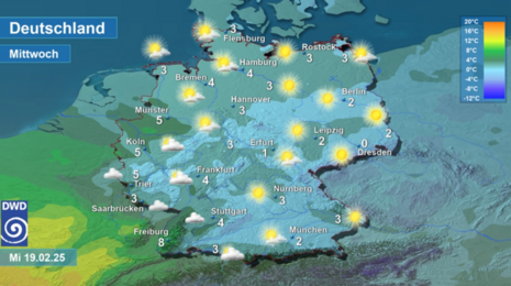 Wettervorhersage sowie Vorhersage der Tageshöchsttemperaturen in Deutschland am Mittwoch, den 19.02.2025