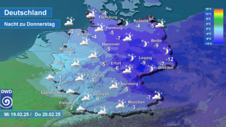 Wettervorhersage sowie Vorhersage der nächtlichen Tiefsttemperaturen in Deutschland in der Nacht zum Donnerstag, den 20.02.2025