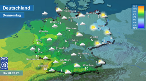 Wettervorhersage sowie Vorhersage der Tageshöchsttemperaturen in Deutschland am Donnerstag, den 20.02.2025