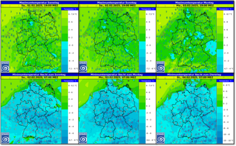 Oberen Reihe: Höchstwerte von Sa bis Mo. Untere Reihe: Tiefstwerte beginnend mit der Nacht zum Sonntag. Modellauf: ICON6 01.02.2025 06 UTC (Quelle DWD)