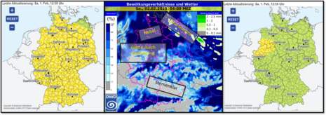 Links: Frostwarnungen Mitte: Bewölkungsgrad und 3-stündige Niederschlagssummen (ICON6). Rechts: Glättewarnungen (Quelle DWD)